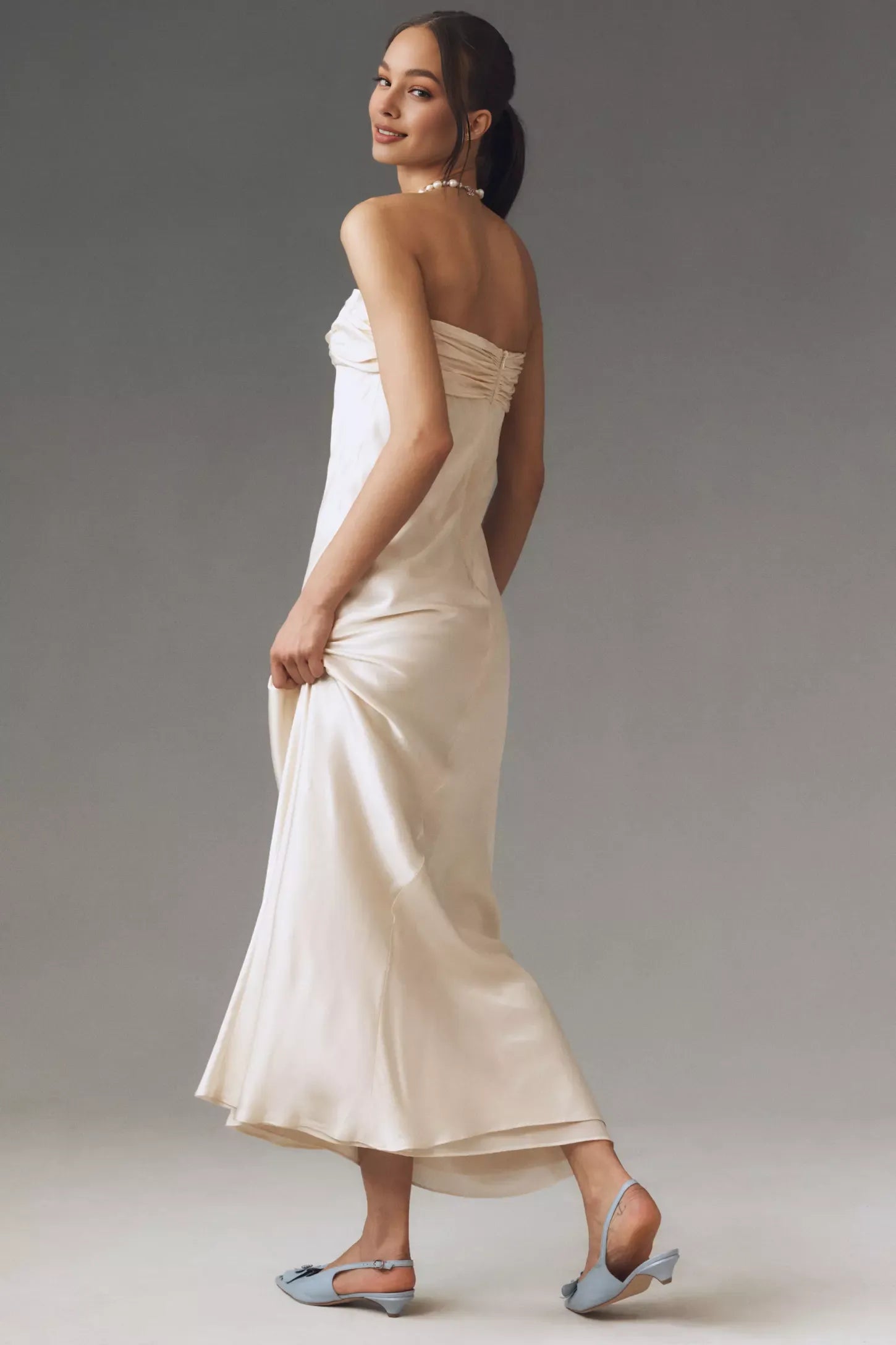 Weitese Dress Strapless Ruched Satin Maxi Dress Simple Back Zip Sleeveless Prom Dress